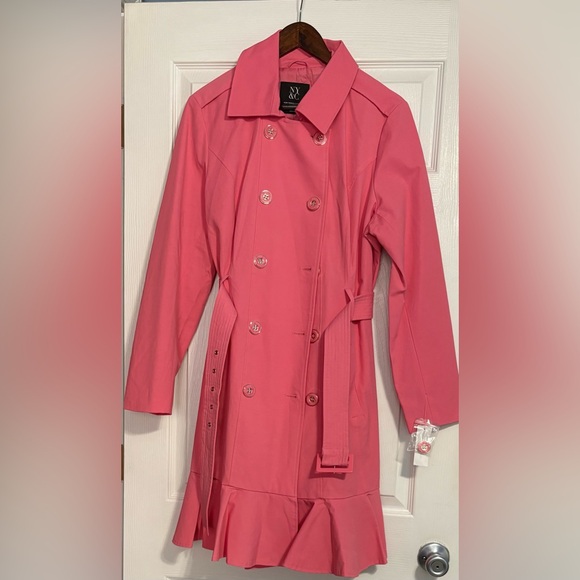 New York & Company Jackets & Blazers - New York & Company Pink Double-Breasted Ruffle-Hem Trench Coat